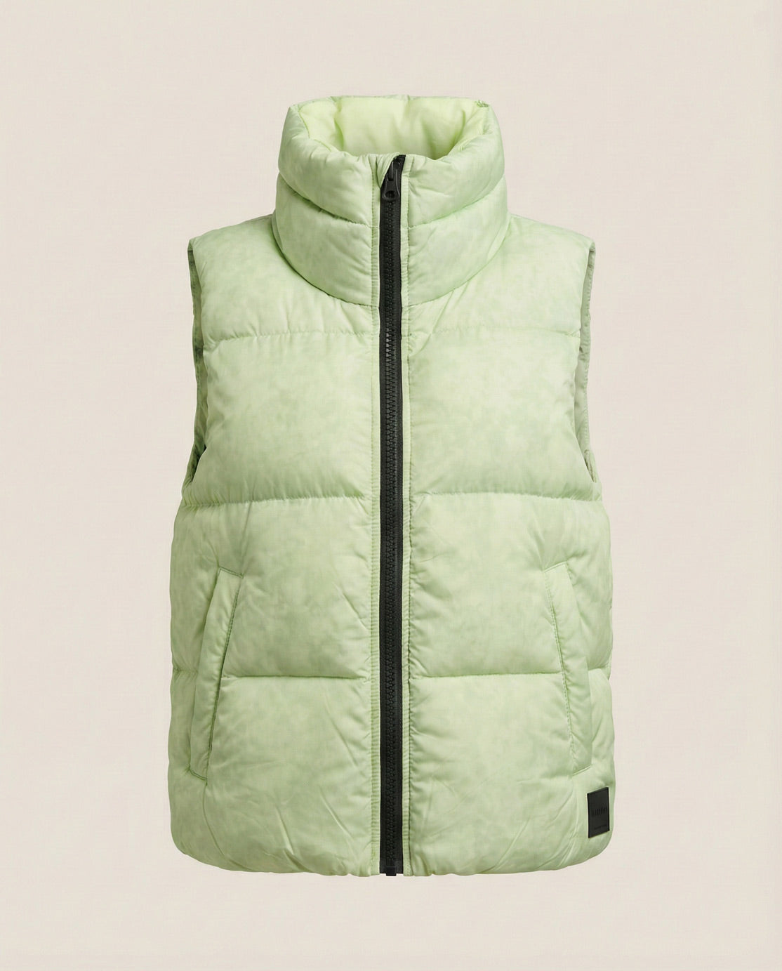 Light green puffer vest with black zipper, high collar, and front pockets on plain background.