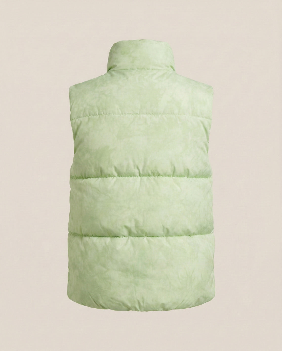 Light green puffer vest with high collar, quilted pattern, shown from the back
