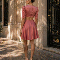 Rafelli Crepe Satin V-Neck Cutout Puff Sleeve Mini Dress