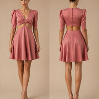 Rafelli Crepe Satin V-Neck Cutout Puff Sleeve Mini Dress
