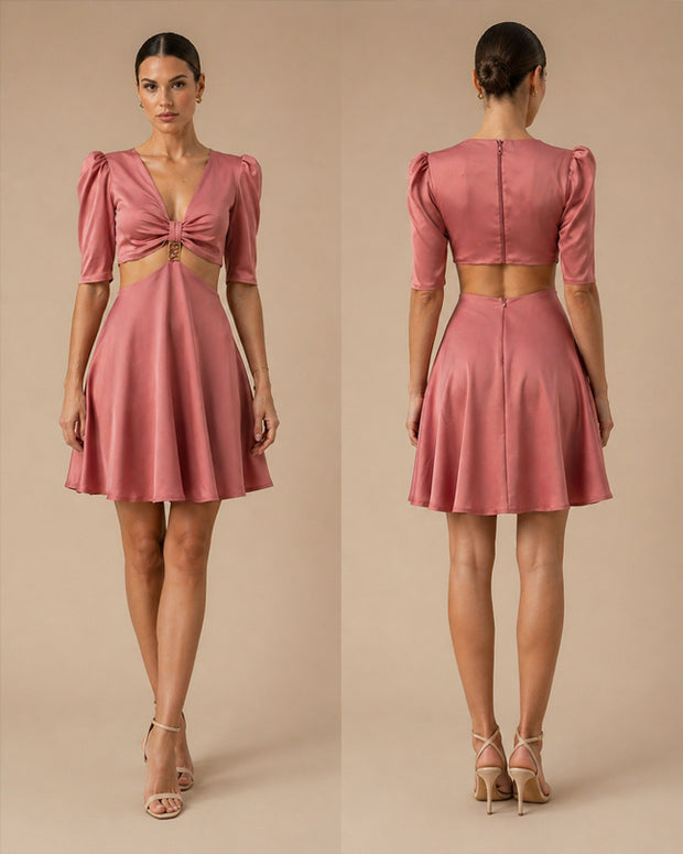 Rafelli Crepe Satin V-Neck Cutout Puff Sleeve Mini Dress