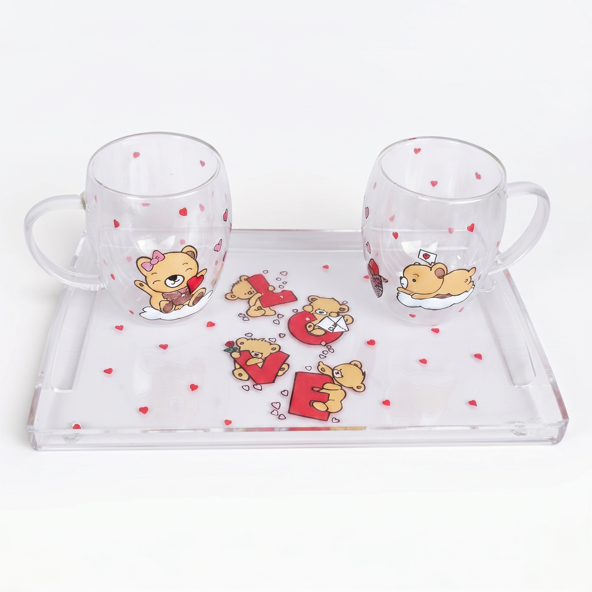Handi Made Handpainted Double Glass Mugs with Tray