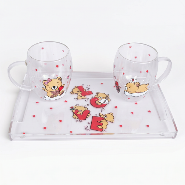Handi Made Handpainted Double Glass Mugs with Tray