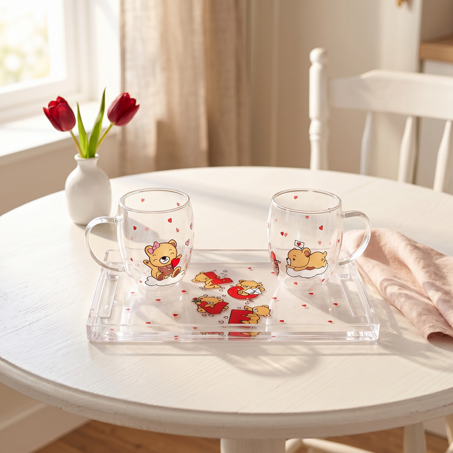 Handi Made Handpainted Double Glass Mugs with Tray