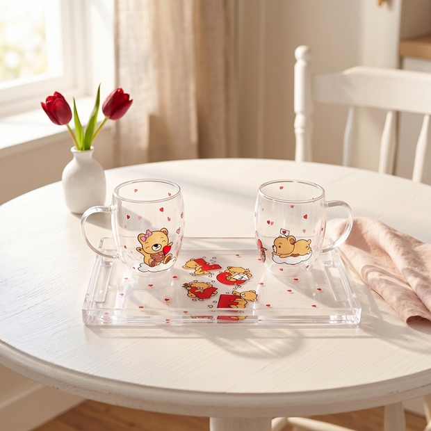 Handi Made Handpainted Double Glass Mugs with Tray