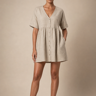 Natural Linen Button-Front Babydoll Dress