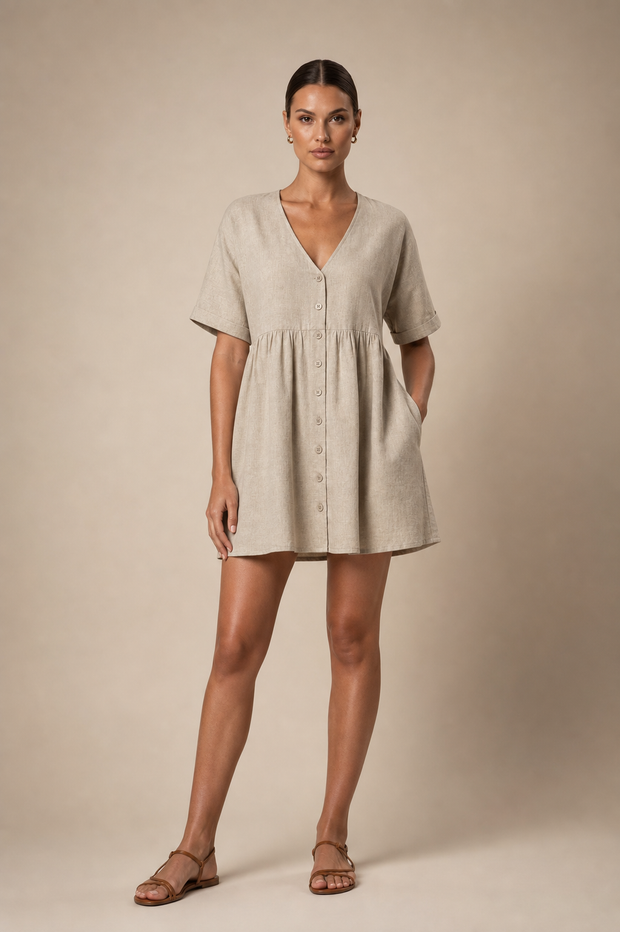 Natural Linen Button-Front Babydoll Dress