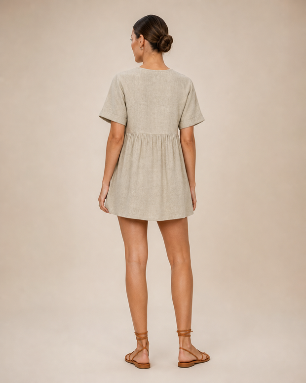 Natural Linen Button-Front Babydoll Dress
