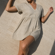 Natural Linen Button-Front Babydoll Dress