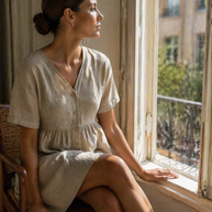 Natural Linen Button-Front Babydoll Dress