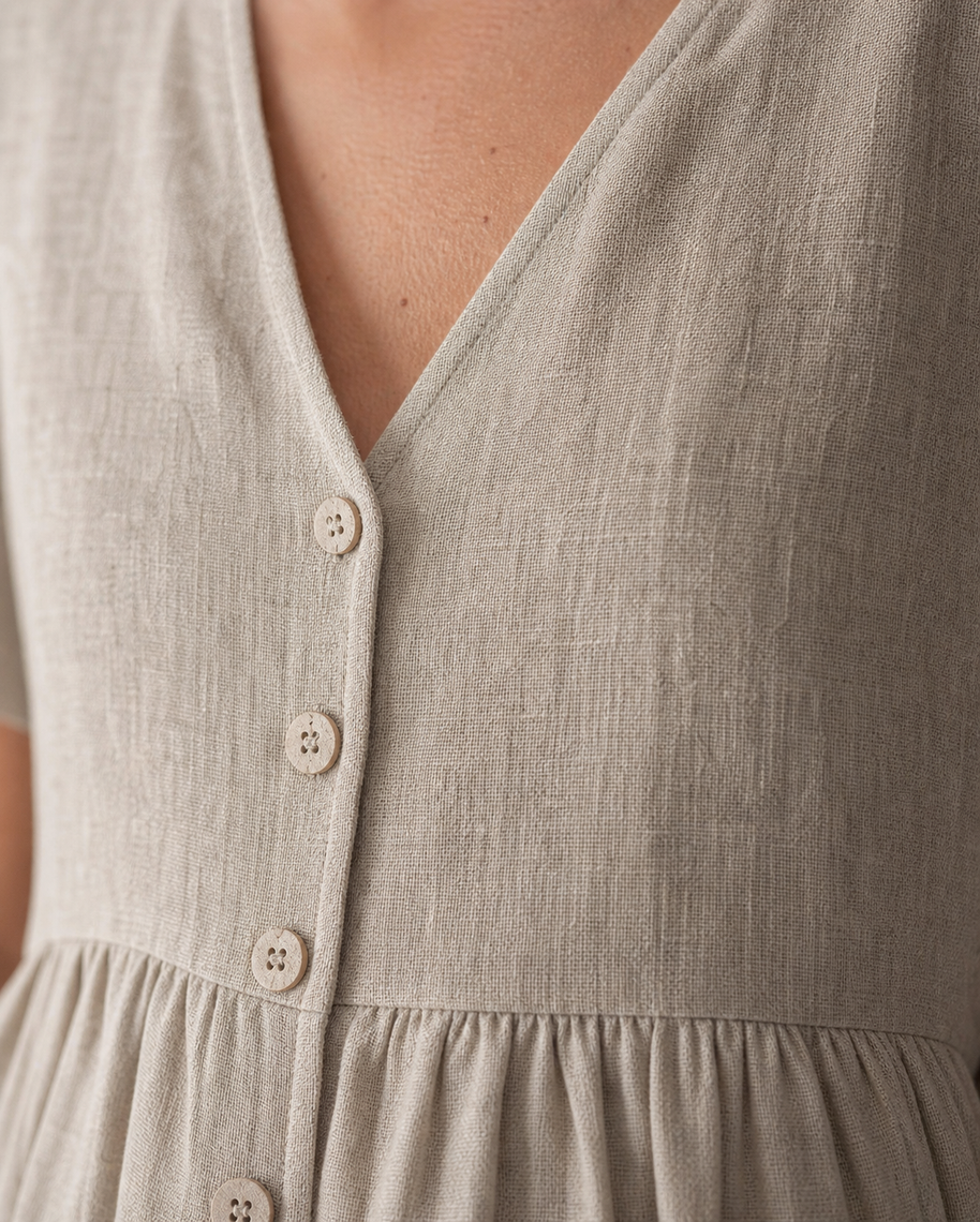 Natural Linen Button-Front Babydoll Dress