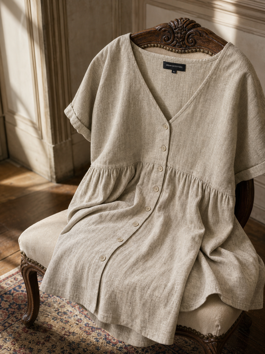 Natural Linen Button-Front Babydoll Dress