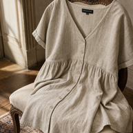 Natural Linen Button-Front Babydoll Dress