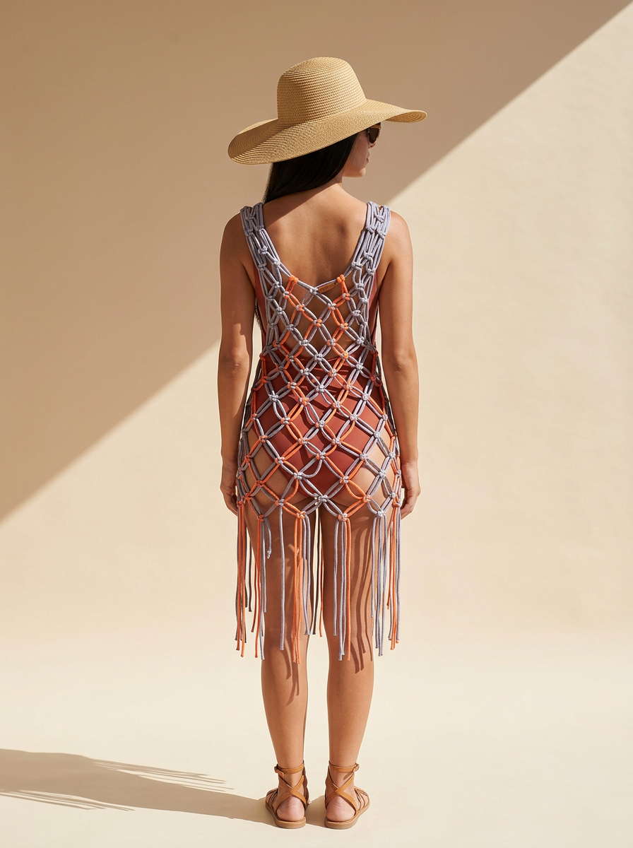 Route Raiment Peach & Grey Macrame Dress