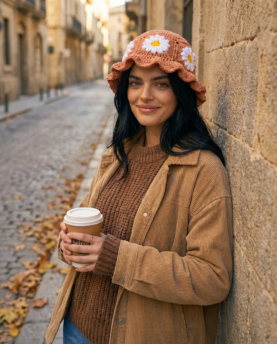 Hush and Stitch Light Brown Daisy Bucket Hat