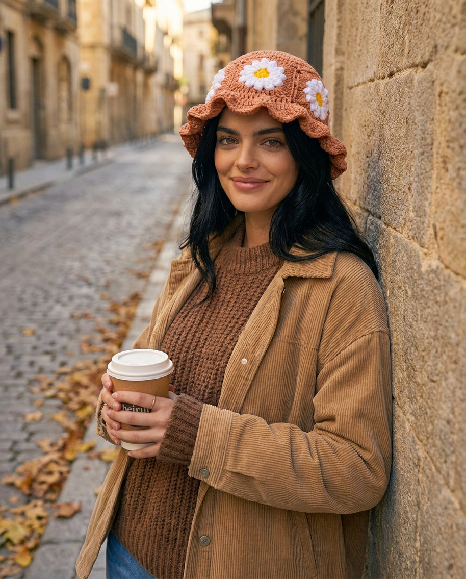 Hush and Stitch Light Brown Daisy Bucket Hat