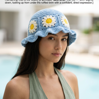 Hush and Stitch Light Blue Daisy Bucket Hat (Cream Flowers)
