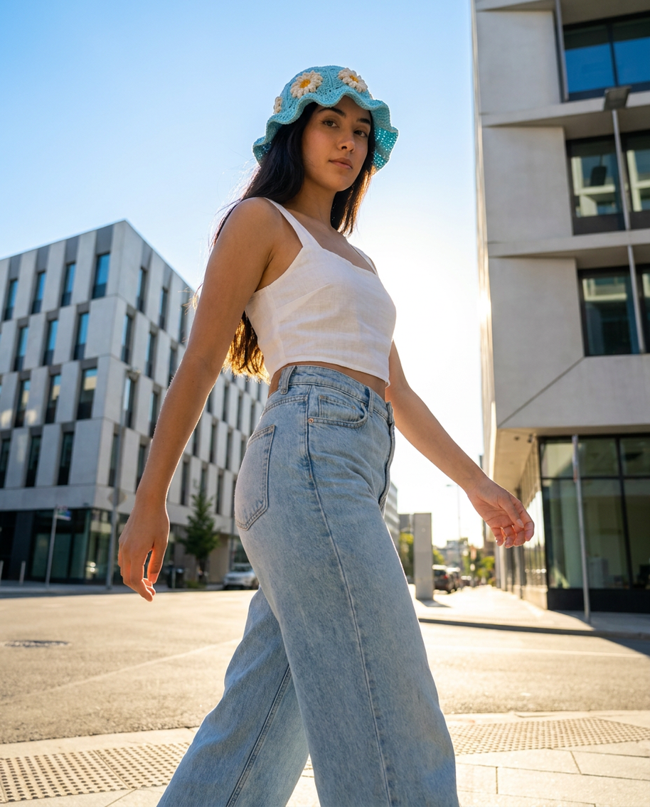 Hush and Stitch Light Blue Daisy Bucket Hat (Cream Flowers)