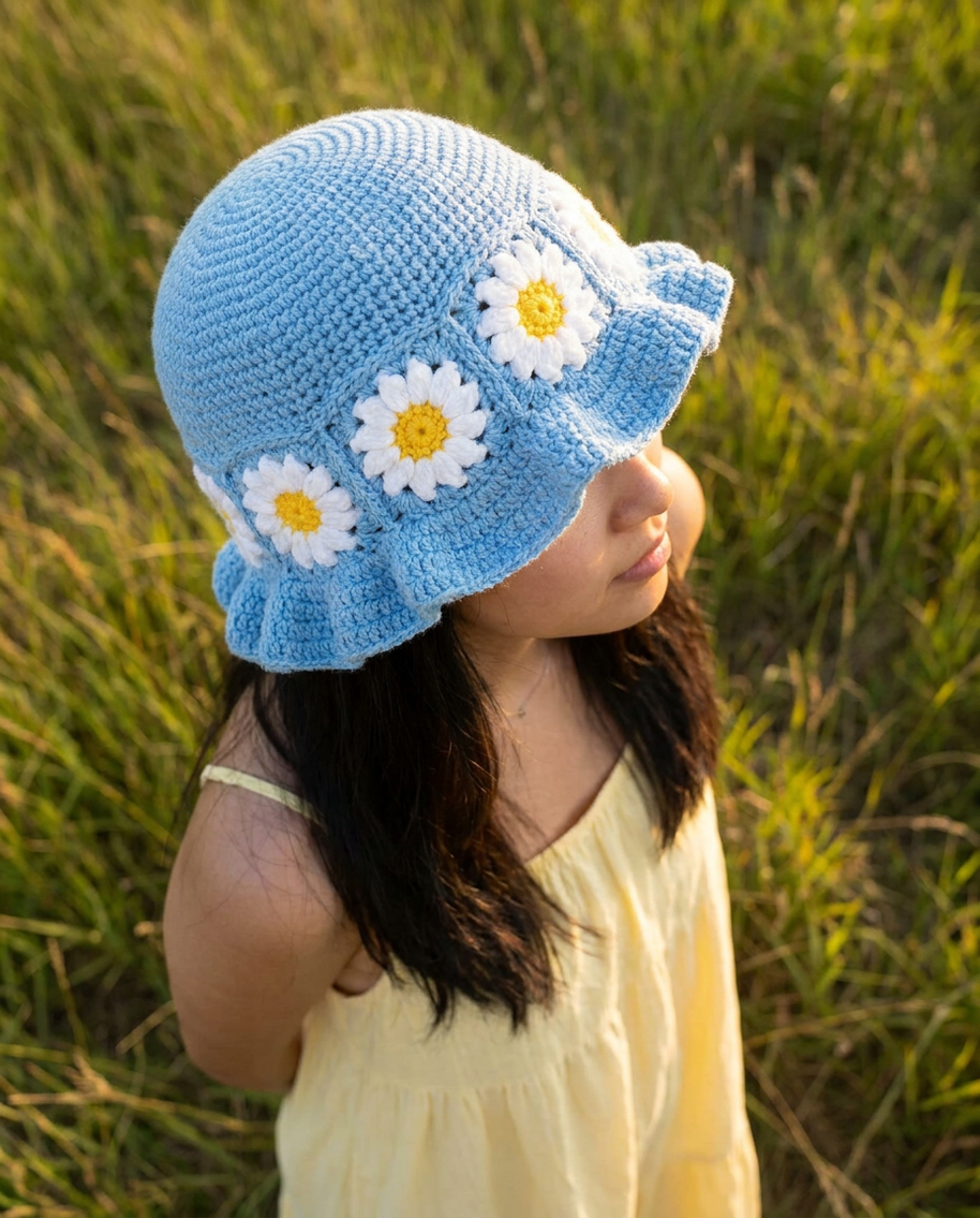 Hush and Stitch Light Blue Daisy Bucket Hat (Cream Flowers)