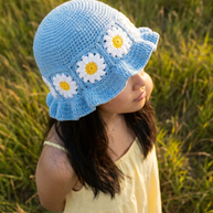 Hush and Stitch Light Blue Daisy Bucket Hat (Cream Flowers)
