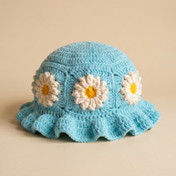 Hush and Stitch Light Blue Daisy Bucket Hat (Cream Flowers)