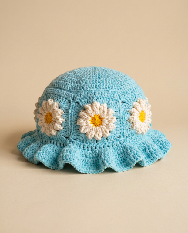 Hush and Stitch Light Blue Daisy Bucket Hat (Cream Flowers)