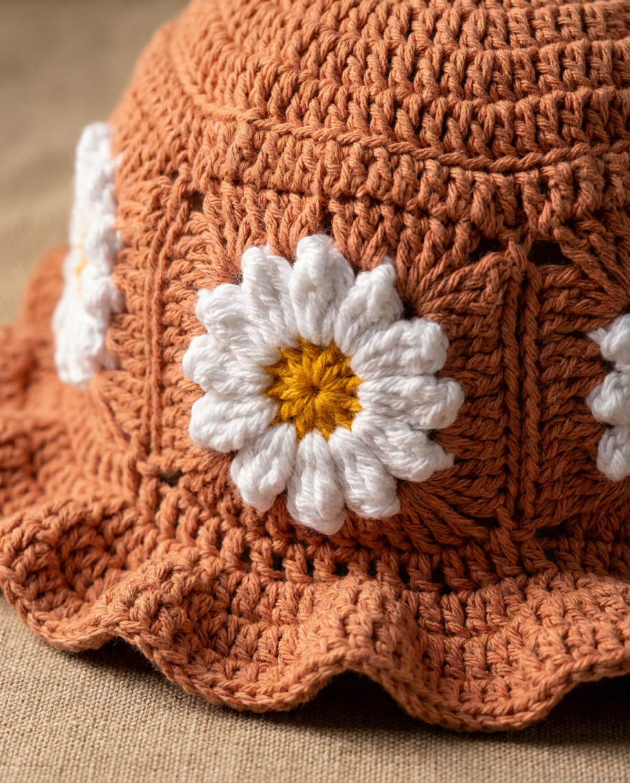 Hush and Stitch Light Brown Daisy Bucket Hat