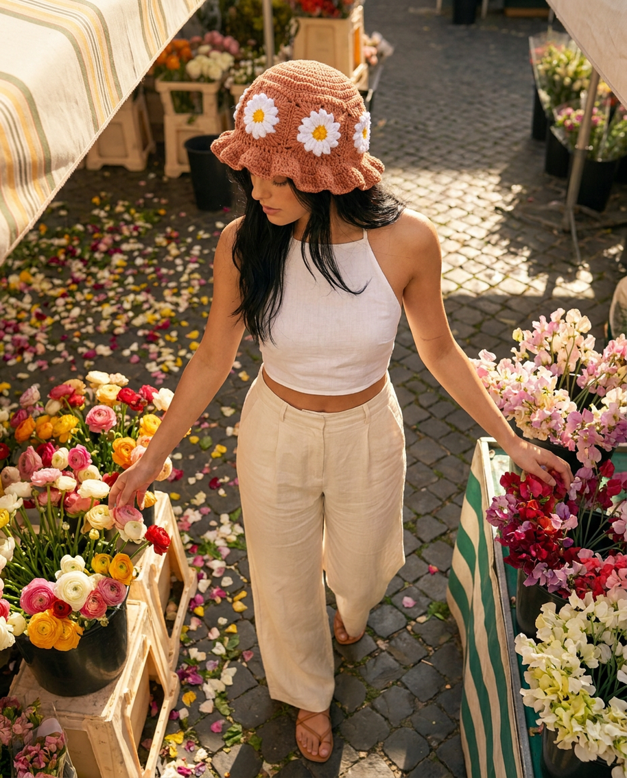 Hush and Stitch Light Brown Daisy Bucket Hat