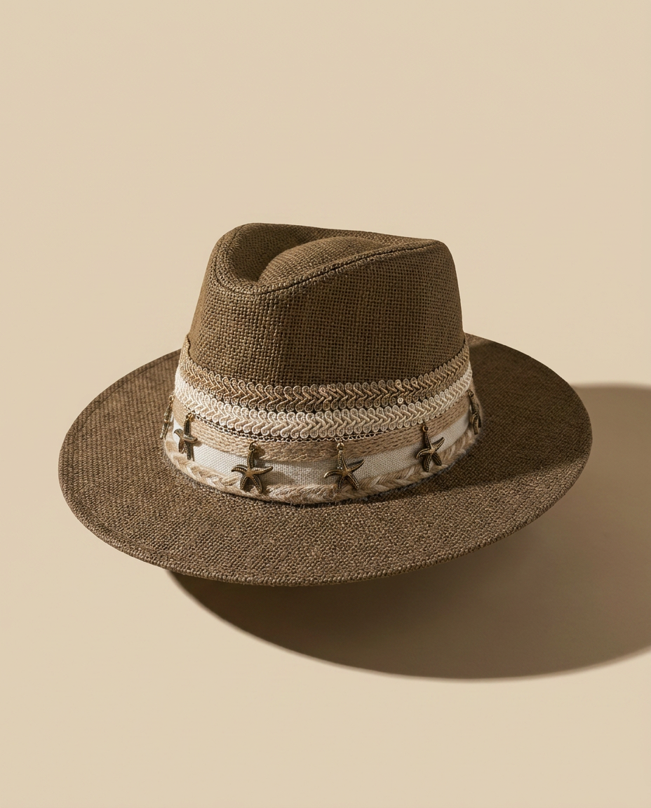 By Rita Raphael Brown Starfish Charm Straw Hat