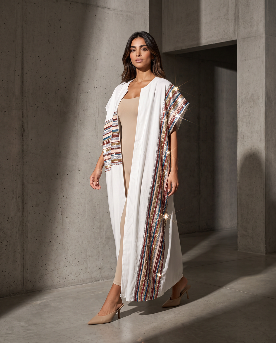 Kaafmoon White Aurora Sequins Abaya