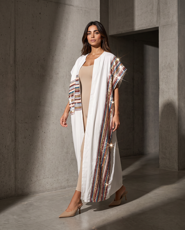 Kaafmoon White Aurora Sequins Abaya