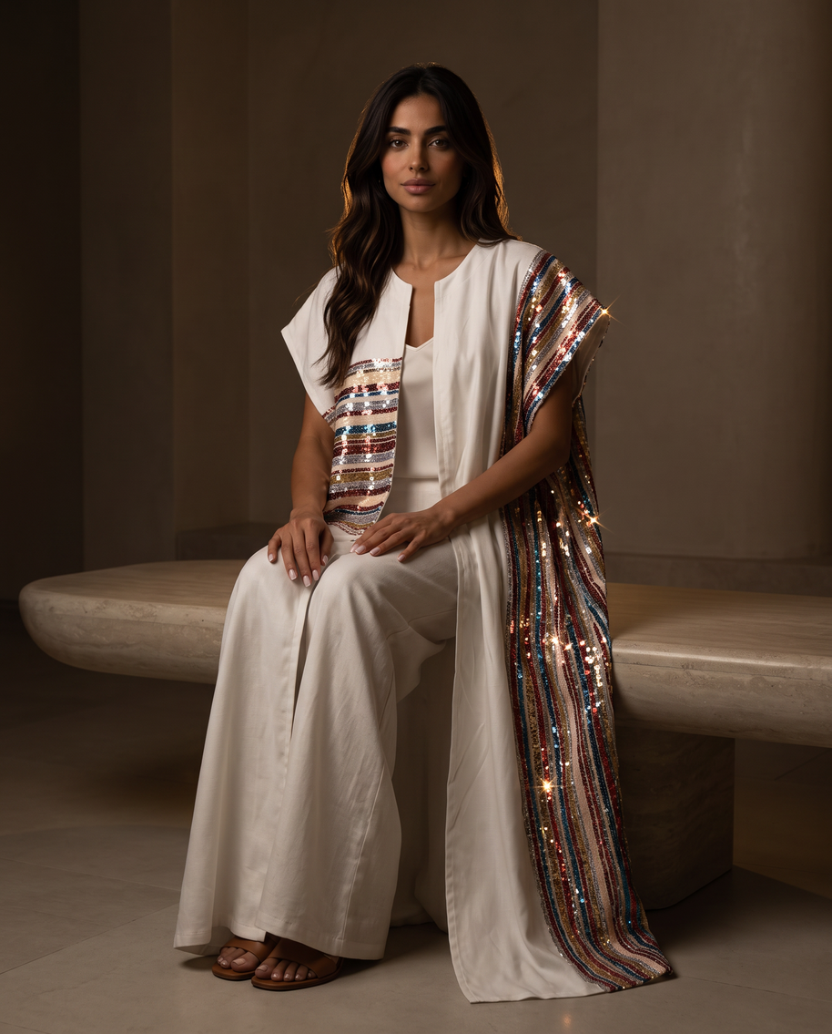 Kaafmoon White Aurora Sequins Abaya