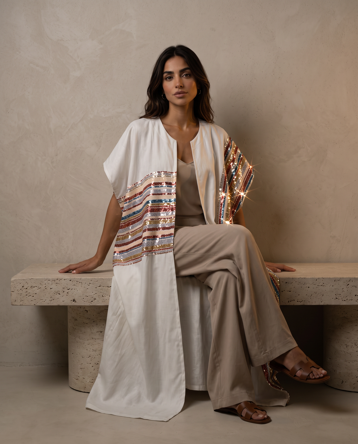 Kaafmoon White Aurora Sequins Abaya
