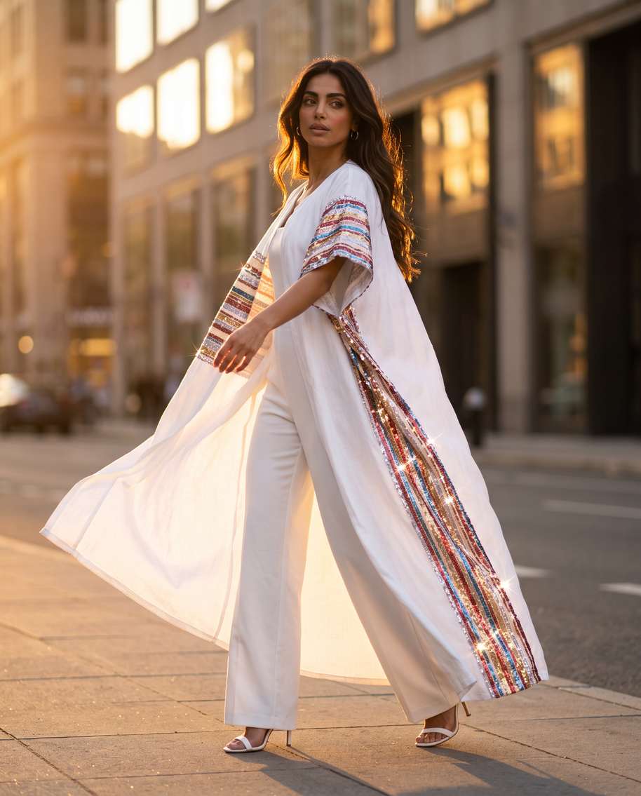 Kaafmoon White Aurora Sequins Abaya
