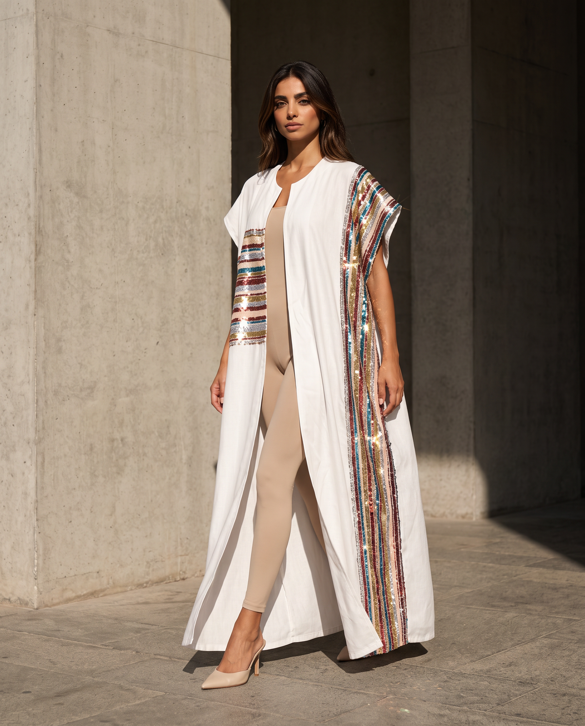 Kaafmoon White Aurora Sequins Abaya
