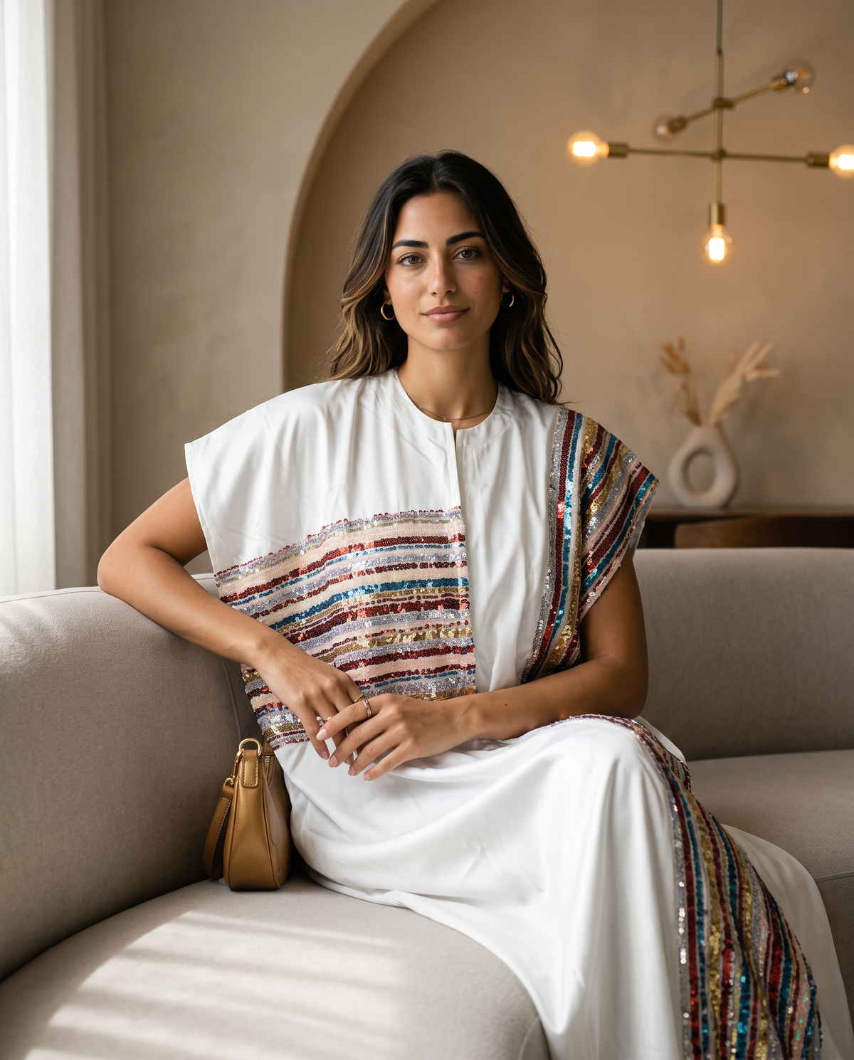 Kaafmoon White Aurora Sequins Abaya