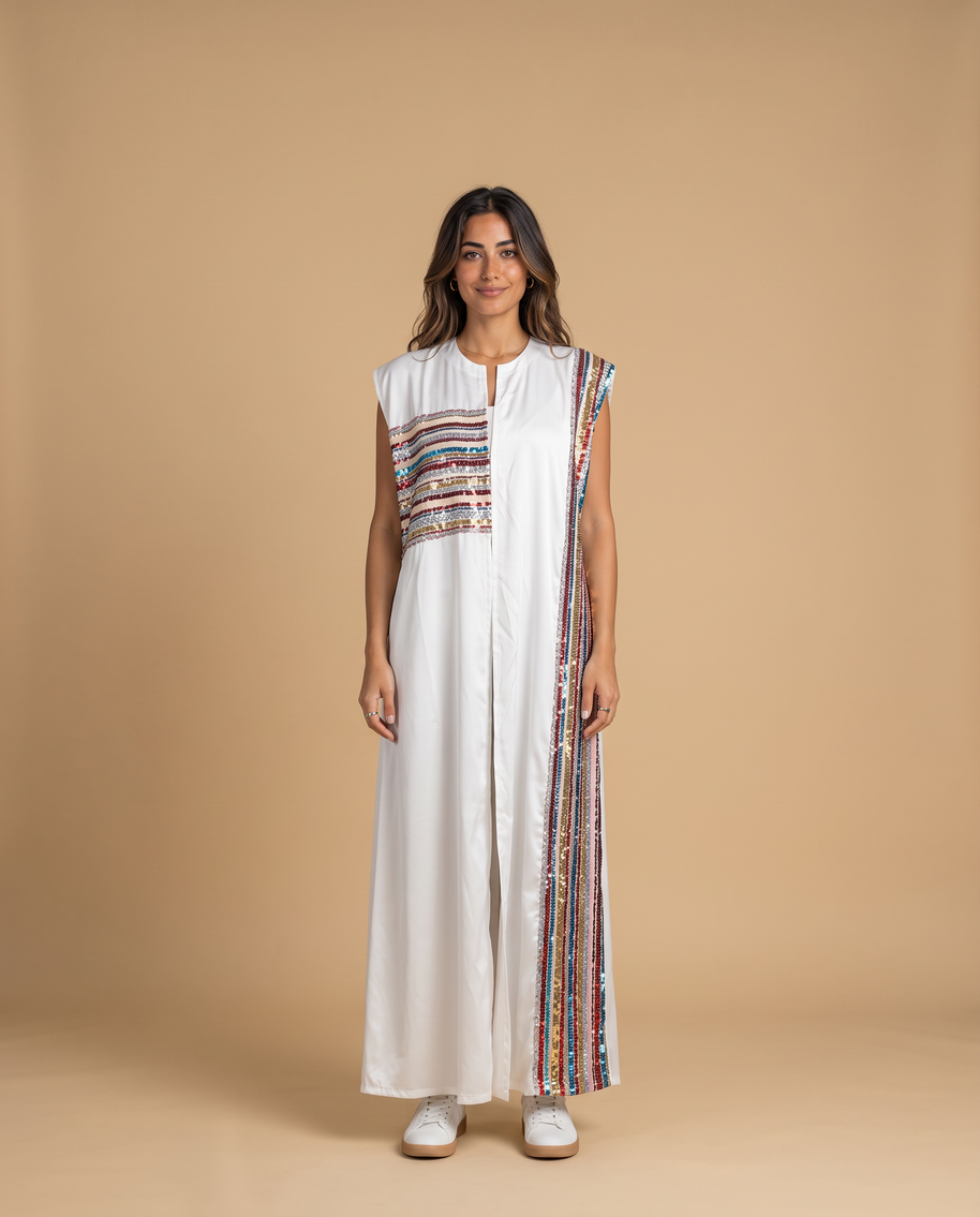 Kaafmoon White Aurora Sequins Abaya