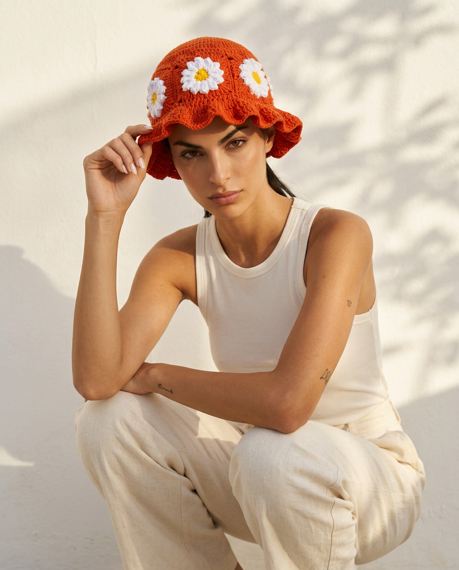 Hush and Stitch Orange Daisy Bucket Hat