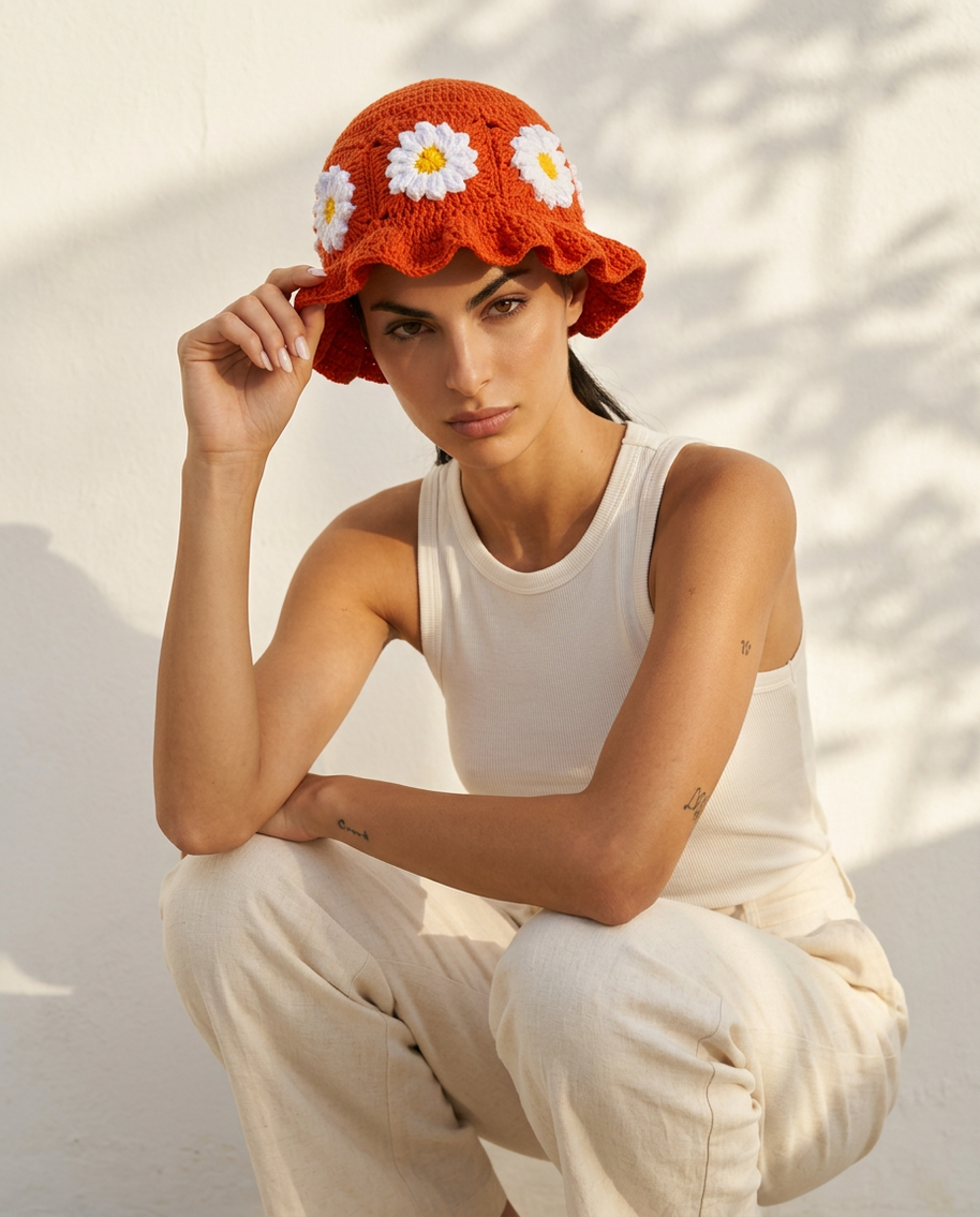 Hush and Stitch Orange Daisy Bucket Hat