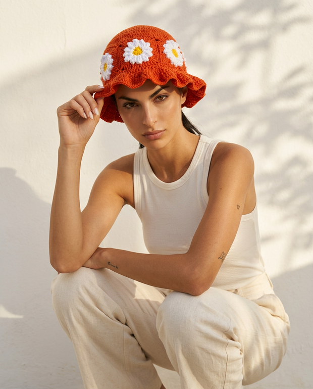 Hush and Stitch Orange Daisy Bucket Hat