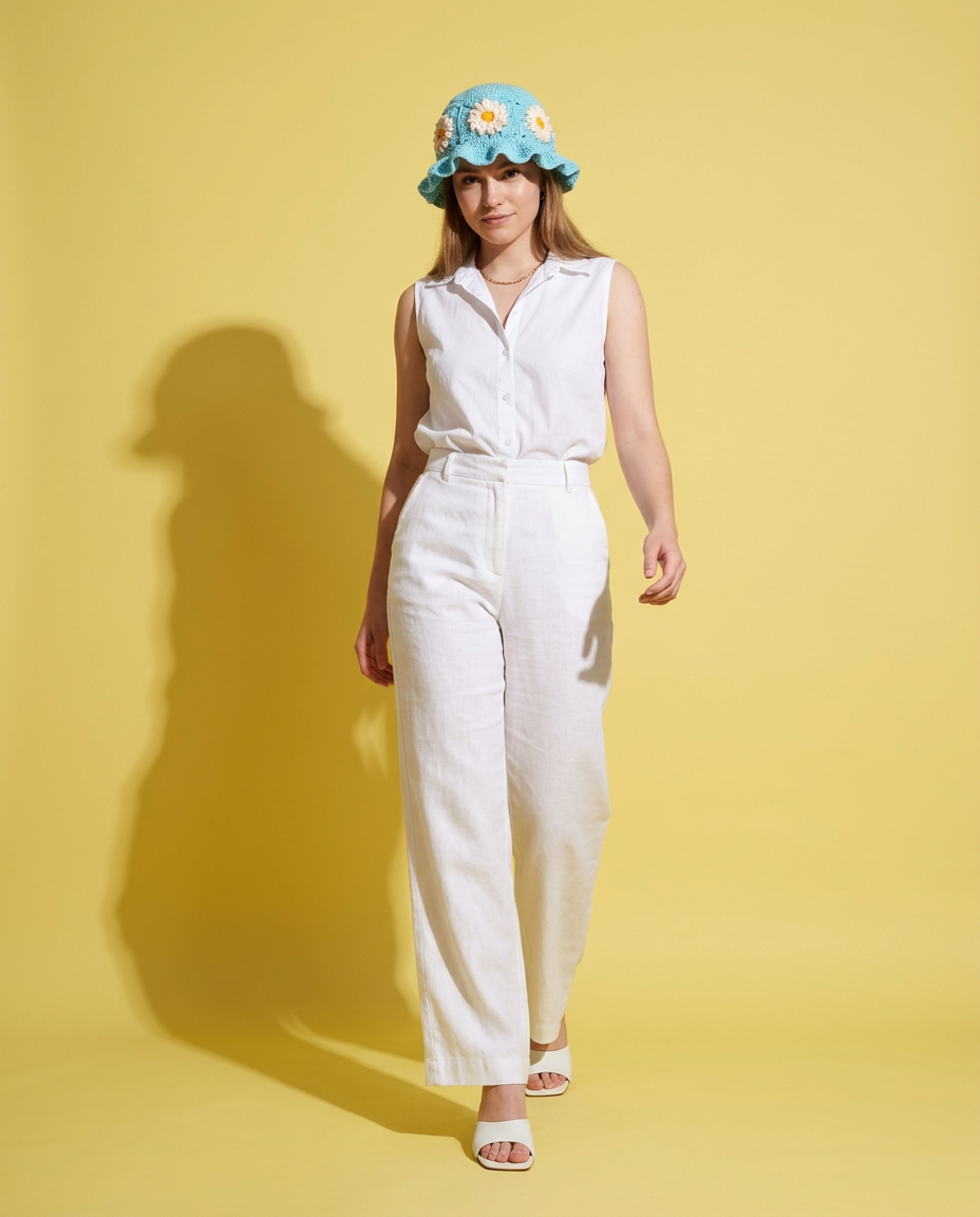 Hush and Stitch Light Blue Daisy Bucket Hat (Cream Flowers)