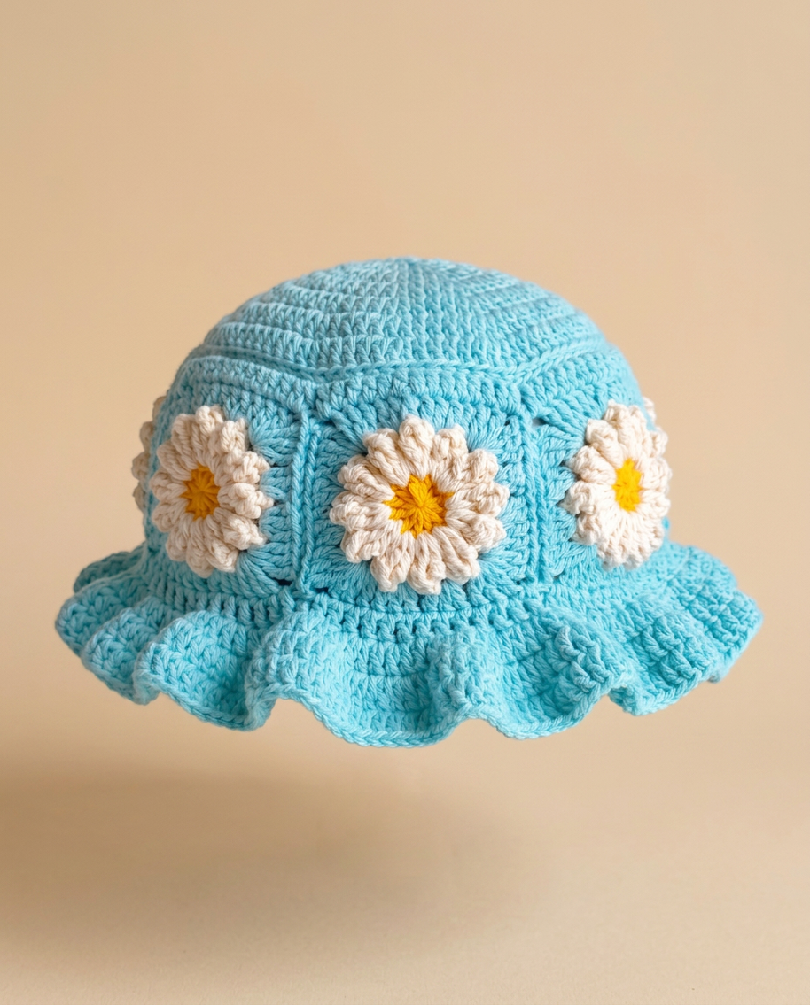 Hush and Stitch Light Blue Daisy Bucket Hat (Cream Flowers)
