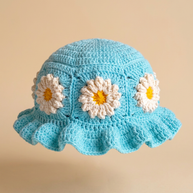 Hush and Stitch Light Blue Daisy Bucket Hat (Cream Flowers)