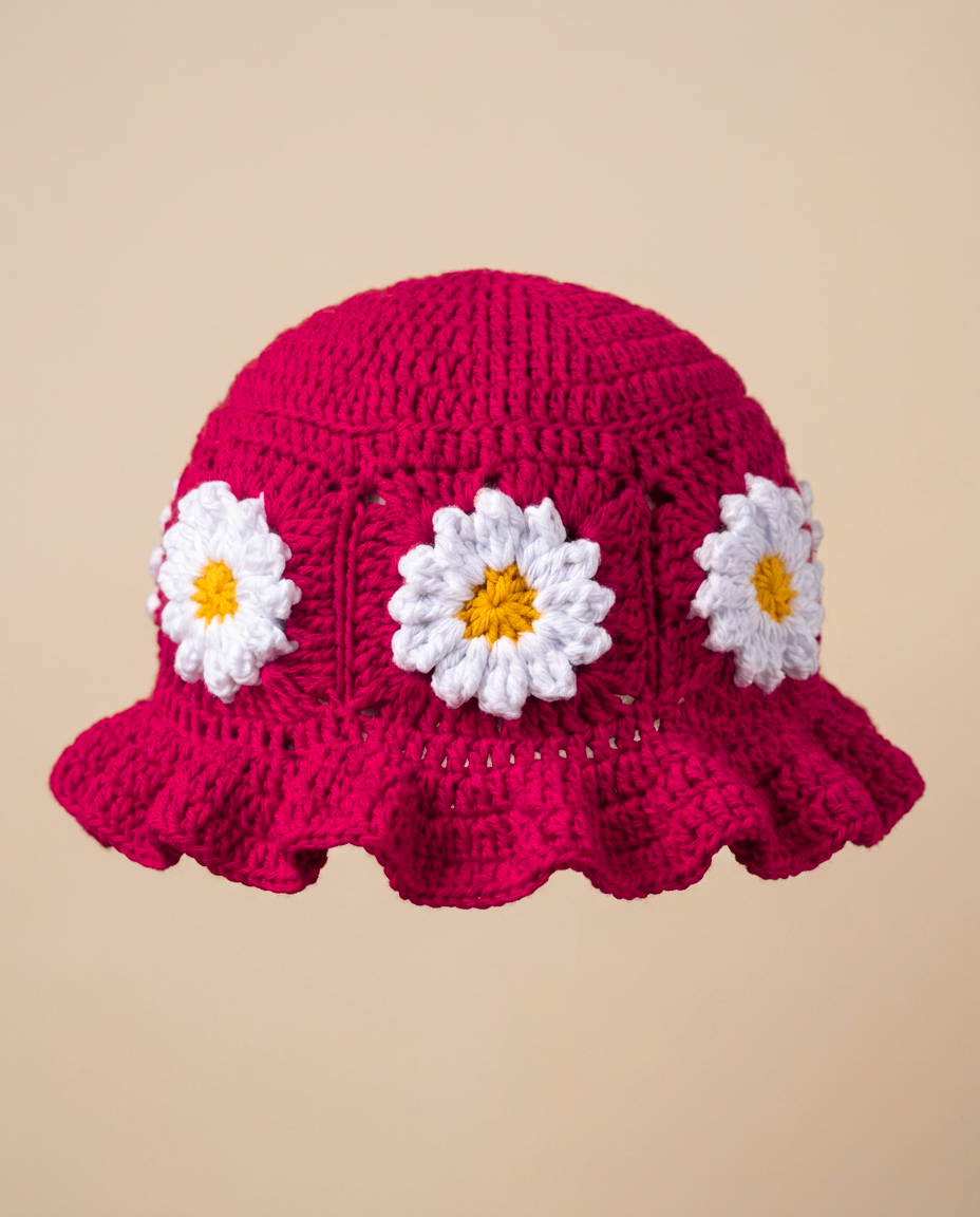 Hush and Stitch Dark Pink Daisy Bucket Hat