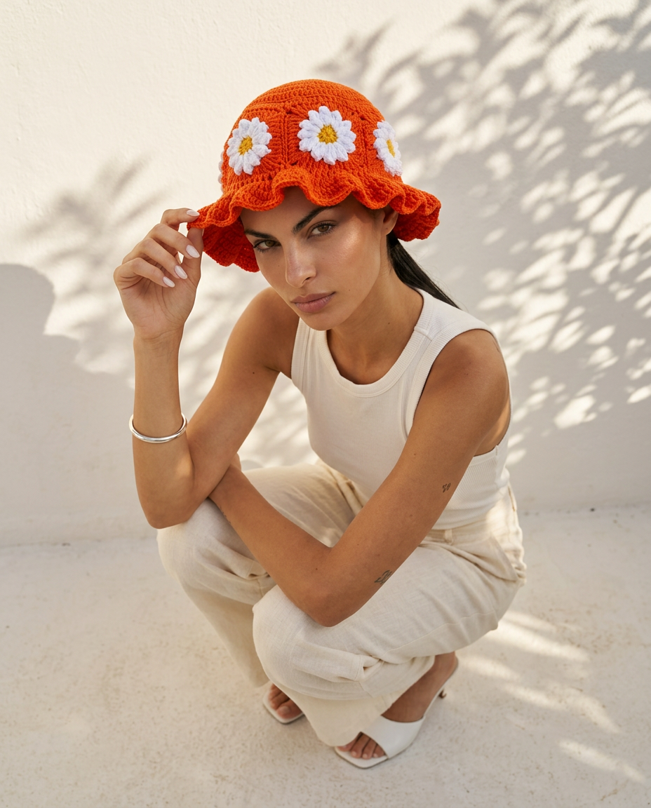 Hush and Stitch Orange Daisy Bucket Hat