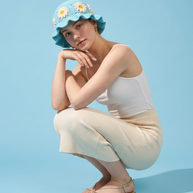 Hush and Stitch Light Blue Daisy Bucket Hat (Cream Flowers)