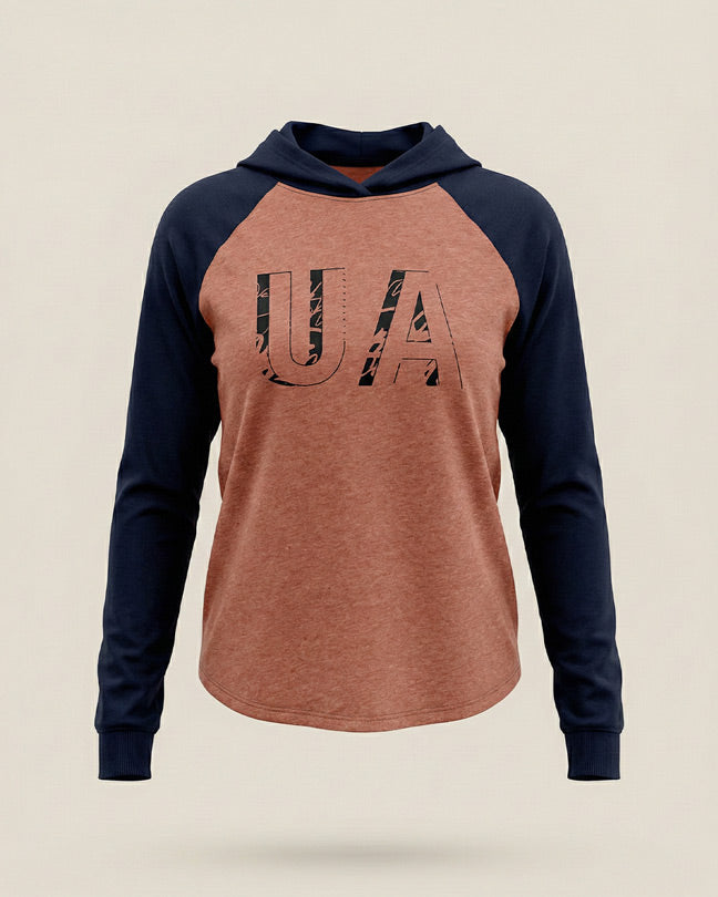 Two-tone hooded sweatshirt with dark sleeves, UA graphic on chest, casual athletic style.