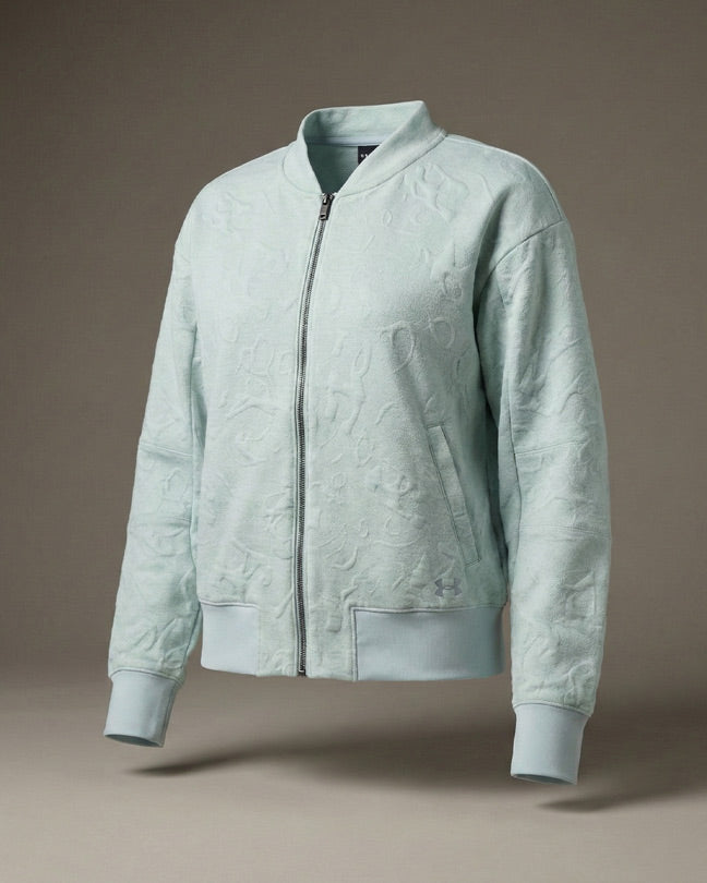 Light blue zip-up bomber jacket with subtle textured pattern and ribbed cuffs