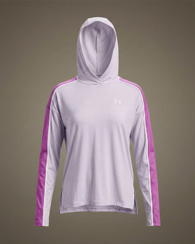 Light pink hooded sweatshirt with magenta side stripes, long sleeves, and relaxed fit