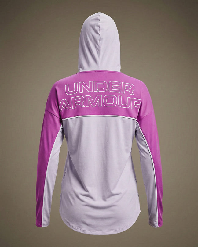 Light pink and purple Under Armour women's hoodie with logo on back, long sleeves